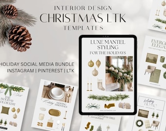 Puede incluir: Un paquete de diseño digital para redes sociales navideñas, con plantillas para Instagram, Pinterest y LTK. La imagen incluye una tableta que muestra "Luxe Mantel Styling for the Holidays" y otros elementos de diseño, con piñas y acentos de hoja perenne.