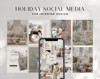 Puede incluir: Imagen que presenta publicaciones en redes sociales para diseño de interiores, con el texto «HOLIDAY SOCIAL MEDIA FOR INTERIOR DESIGN». Las publicaciones muestran decoración navideña, ideas de regalos y estilismo de interiores.