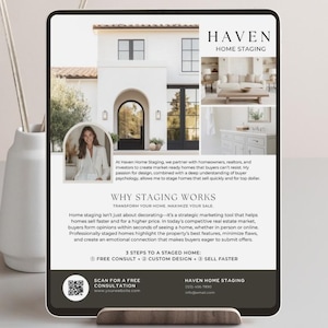 May include: A digital tablet shows a home staging advertisement. The ad includes a photo of a house, interior design images, and the text "HAVEN HOME STAGING". The ad promotes home staging services to help sell homes faster.