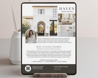 Puede incluir: Una tableta digital muestra un anuncio de home staging. El anuncio incluye una foto de una casa, imágenes de diseño de interiores y el texto "HAVEN HOME STAGING". El anuncio promociona servicios de home staging para ayudar a vender casas más rápido.