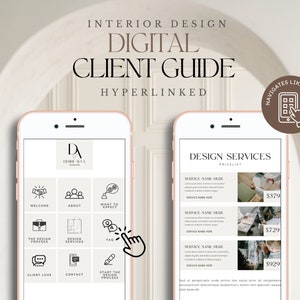 Può includere: Una guida digitale per i clienti dei servizi di interior design. La guida è visualizzata sullo schermo di uno smartphone e include un listino prezzi per i servizi di design, con prezzi che vanno da $379 a $929. La guida è progettata per essere navigata come un'app.