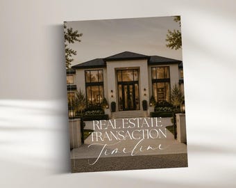 Puede incluir: Un documento rectangular titulado Real Estate Transaction Timeline que presenta una fotografía de una casa moderna de dos pisos con grandes ventanales, techo oscuro y camino pavimentado al atardecer, con texto blanco superpuesto.