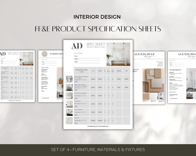 Interior Design Product Specification Sheets (set of 4) | FFE Tear ...