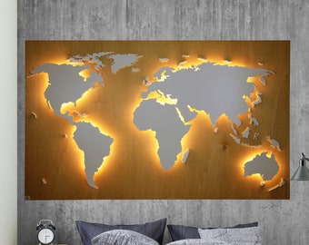 Weltkarte "Buche" - Buchenlasur auf Holz in vielen Varianten -  3D Effekt & Beleuchtung - Original von merk!echt