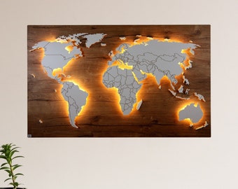 Weltkarte "Eiche Style" - Eiche (Dekor) mit Struktur und Ländergrenzen  - Viele Varianten & Größen
