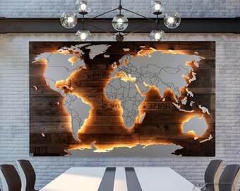 Weltkarte "Powell" - Vintagestyle mit Ländergrenzen auf Dekorholz - Viele Varianten Kork & Holz |3D Effekt|