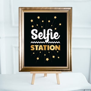 Selfie Station sign. Printable photo booth decoration. Wedding reception, bridal shower party, birthday, New Years Eve photobooth DIY print