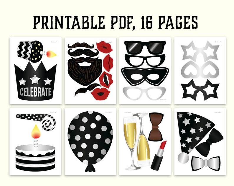Instant download Birthday photo booth props: printable PDF Mustache glasses Black and silver birthday party supplies happy birthday