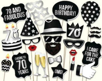 70th birthday photo booth props printable PDF. Black and silver Seventieth birthday party supplies. Printable Props Mustache, lips, glasses