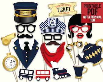 Train party photo booth props: printable PDF. Train party printables. Railroad party props. Train party supplies. Boy birthday party props.