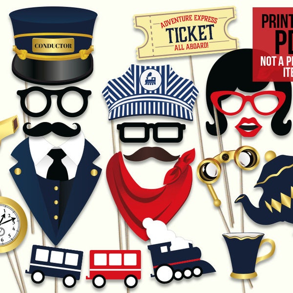 Train party photo booth props: printable PDF. Train party printables. Railroad party props. Train party supplies. Boy birthday party props.