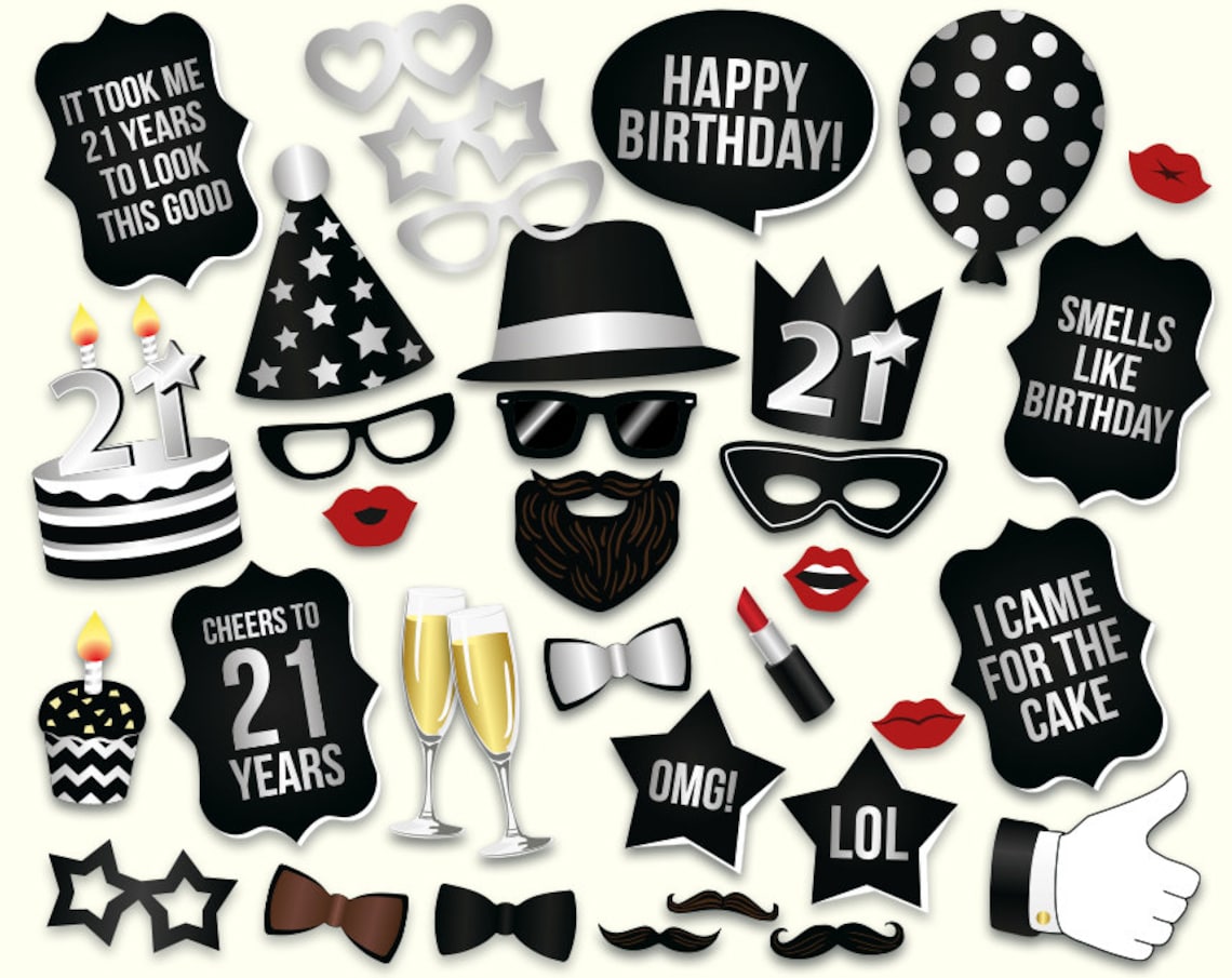 21st Birthday Photo Booth Props: Printable PDF. Black and | Etsy