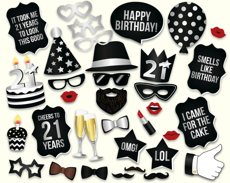 21st Birthday Photo Booth Props: Printable PDF. Black and - Etsy