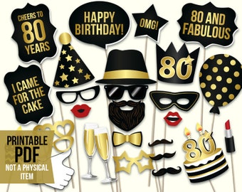 80th birthday photo booth props printable PDF. Black and gold eightietieth birthday party supplies. Instant download Mustache, lips, glasses