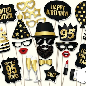 95th birthday photo booth props: printable PDF. Black and gold ninety fifth birthday party supplies. Instant download, digital download