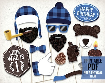 Lumberjack photo props blue, first birthday: printable PDF. Lumberjack party printables. Lumberjack baby shower props. Party supplies.