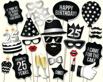 25th birthday photo booth props: printable PDF. Black and silver twenty fifth birthday party supplies. Instant download, digital download