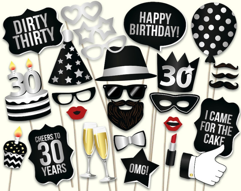 30th Birthday Photo Booth Props: Printable PDF. Black and | Etsy