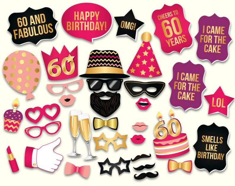 Hot pink and gold Birthday party ideas for women 60th birthday photo booth props: printable PDF Digital download Sixtieth Bday props