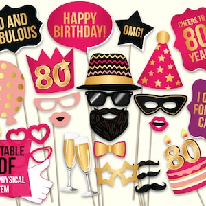 80th Birthday Photo Booth Props: Printable PDF. Hot Pink and Gold ...