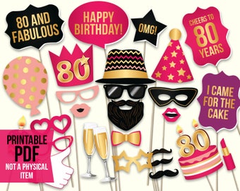 80th birthday photo booth props: printable PDF. Hot pink and gold. Eightieth Bday props. Birthday party ideas for women. Digital download