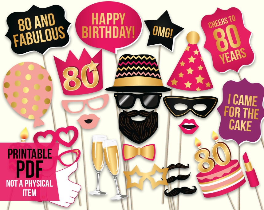 80th Birthday Photo Booth Props: Printable PDF. Hot Pink and - Etsy