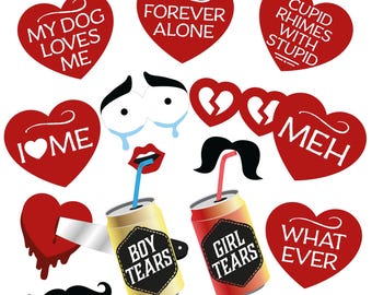 Anti Valentine photo booth props: printable PDF. Anti Valentines Day photoboth decorations. Funny Anti-Valentine's party supplies, download.