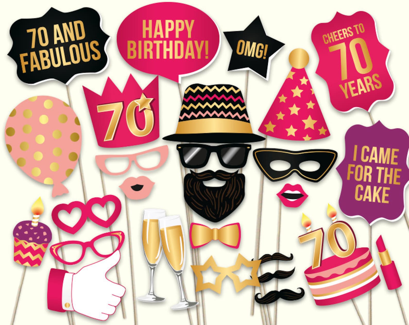 70th Birthday Photo Booth Props: Printable PDF. Hot Pink and - Etsy