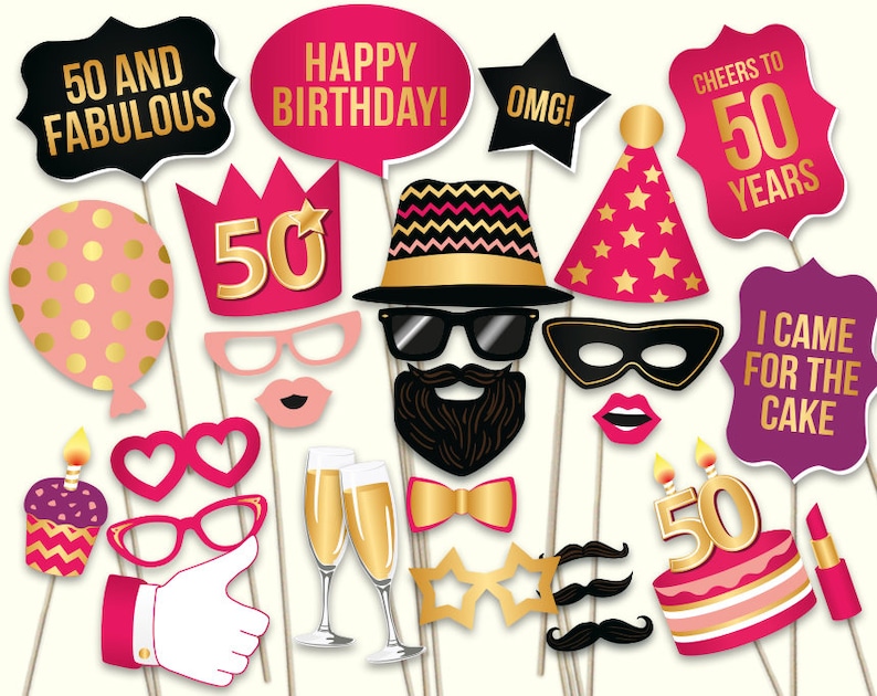50th Birthday Photo Booth Props: Printable PDF. Hot Pink and | Etsy