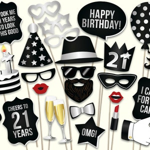 21st Birthday Photo Booth Props: Printable PDF. Black and Silver Twenty ...