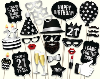 21st birthday photo booth props: printable PDF. Black and silver twenty first birthday party supplies. 21st birthday crown. Instant download