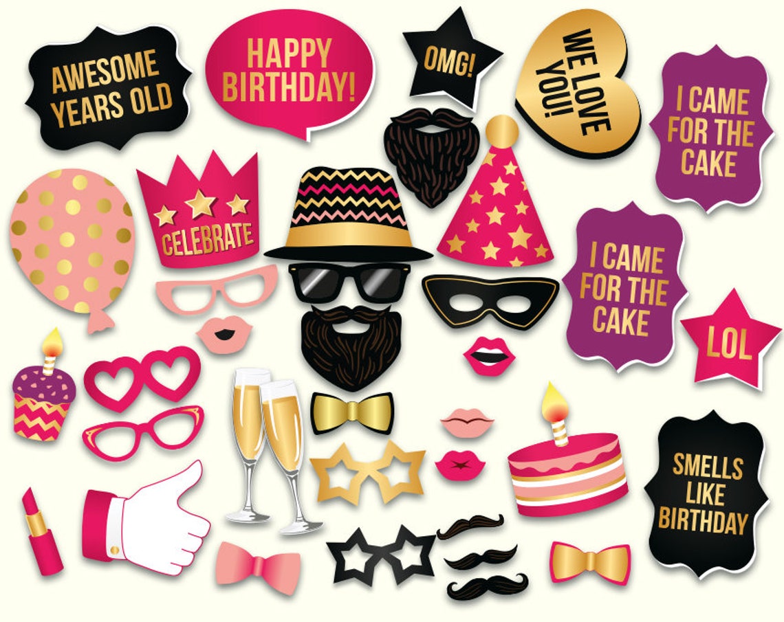 Birthday Photo Booth Props Printable PDF. Pink and Gold Etsy