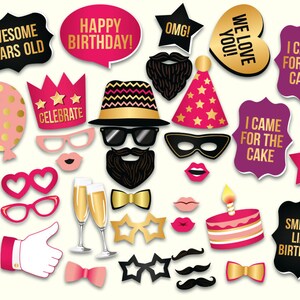 Birthday Photo Booth Props: Printable PDF. Pink and Gold Birthday Party ...