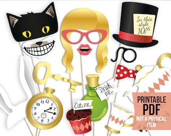 Alice photo booth props: printable PDF. Alice's adventures in Wonderland photo booth props. Alice party printables. Mad Hatter, tea cups