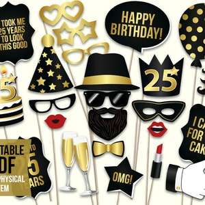 Accessori per cabine fotografiche per il 25° compleanno: PDF stampabile. Forniture per festa del venticinquesimo compleanno nere e dorate. Download istantaneo, download digitale