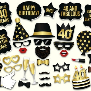40th Birthday Photo Booth Props: Printablepdf. Black and Gold Forthieth ...