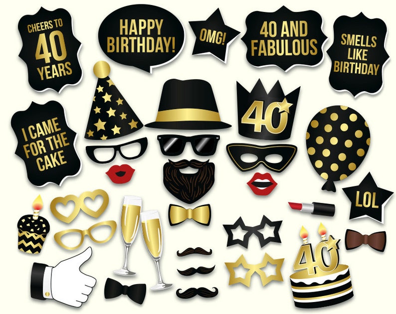 40th-birthday-photo-booth-props-printablepdf-black-and-gold-etsy