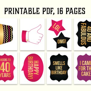 40th Birthday Photo Booth Props: Printable PDF. Hot Pink and Gold ...