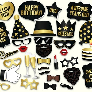 Birthday Photo Booth Props: Printable PDF. Black and Gold Birthday ...