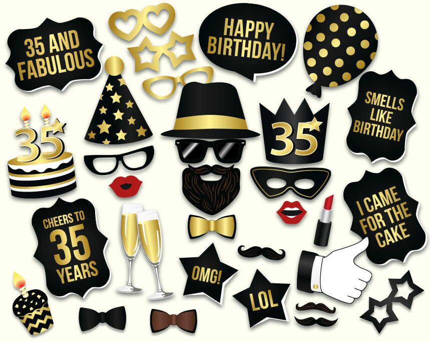 35th Birthday Photo Booth Props Printable PDF. Black and Gold Etsy