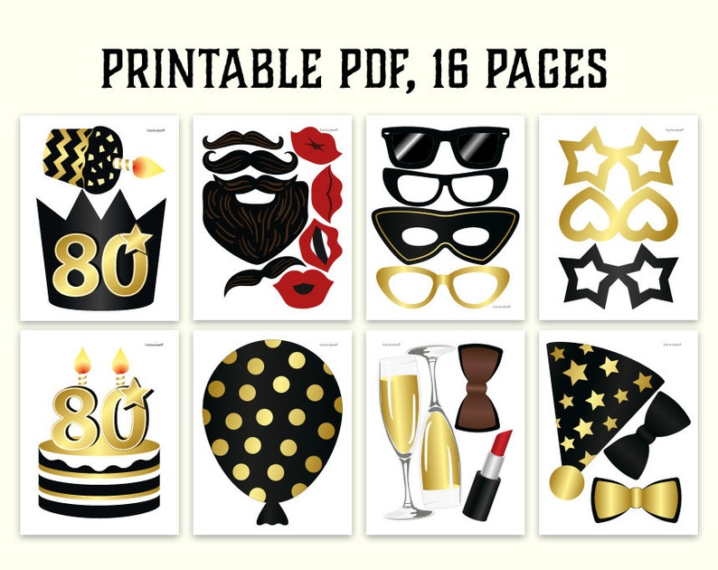 80th Birthday Photo Booth Props Printable PDF. Black and Gold - Etsy