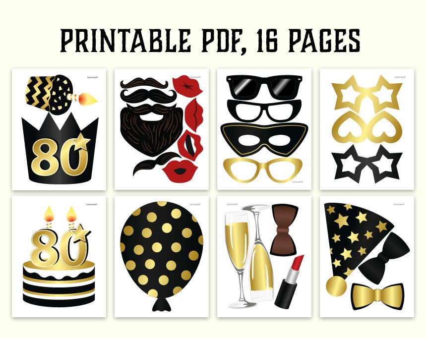 80th Birthday Photo Booth Props Printable PDF. Black and Gold - Etsy