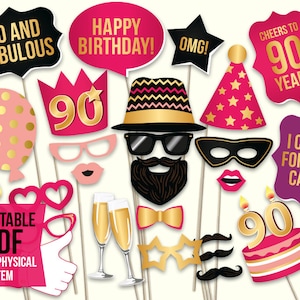May include: Printable photo booth props for a 90th birthday party. The props include a pink and gold cake, a pink and gold balloon, a pink and gold hat, a pink and gold mustache, a pink and gold glasses, a pink and gold lips, a pink and gold mask, a pink and gold bow tie, a pink and gold champagne glass, a pink and gold cake, a pink and gold '90' sign, a pink and gold 'I came for the cake' sign, a pink and gold 'Cheers to 90 years' sign, a pink and gold 'Happy Birthday' sign, a pink and gold 'OMG' sign, and a pink and gold '90 and Fabulous' sign.