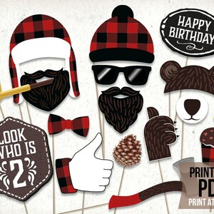 Lumberjack second birthday photo booth props : printable PDF. Lumberjack 2nd bday party printables. Lumberjack toddler plaid party supplies.