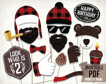 Lumberjack second birthday photo booth props : printable PDF. Lumberjack 2nd bday party printables. Lumberjack toddler plaid party supplies.