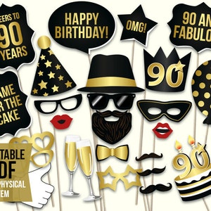 90th birthday photo booth props printable PDF. Black and gold ninetieth birthday party supplies. Instant download Mustache, lips, glasses