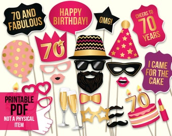 70th birthday photo booth props: printable PDF. Hot pink and gold. Seventieth Bday props. Birthday party ideas for women. Digital download