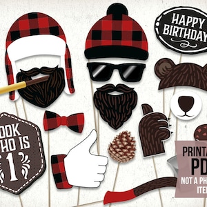 Lumberjack first birthday photo booth props : printable PDF. Lumberjack party printables. Lumberjack baby shower props. Party supplies.