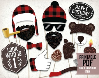 Lumberjack first birthday photo booth props : printable PDF. Lumberjack party printables. Lumberjack baby shower props. Party supplies.
