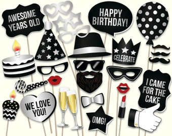 Birthday photo booth props: printable PDF. Black and silver birthday party supplies. Instant download. Mustache, glasses, happy birthday